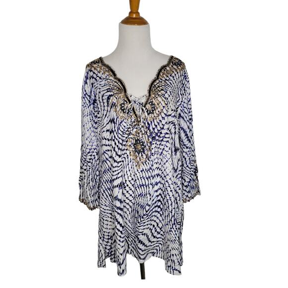 Soft Surroundings South Beach Tunic Beaded Lace Up Blue White Women Large - Picture 2 of 15
